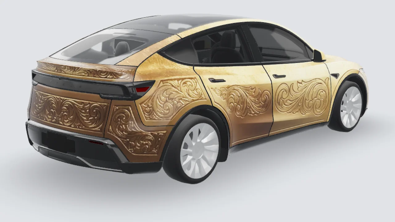 Gold custom Tesla wrap on a Model Y Juniper