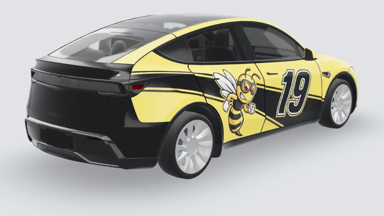 Hive custom Tesla wrap on a Model Y Juniper