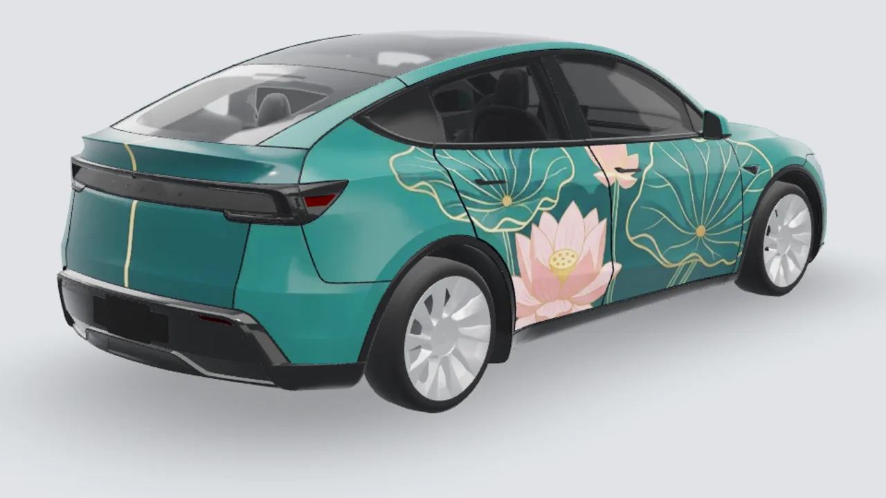 Lotus custom Tesla wrap on a Model Y Juniper
