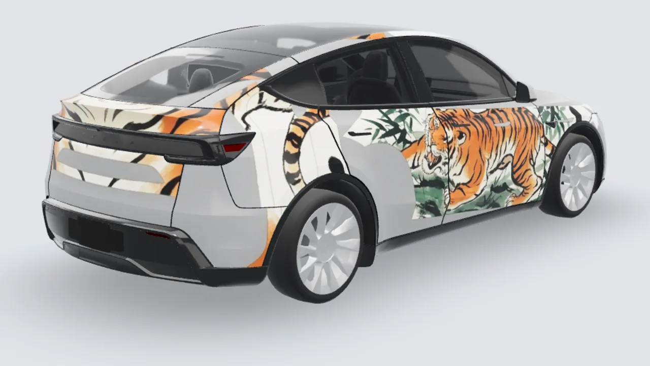 Tiger custom Tesla wrap on a Model Y Juniper