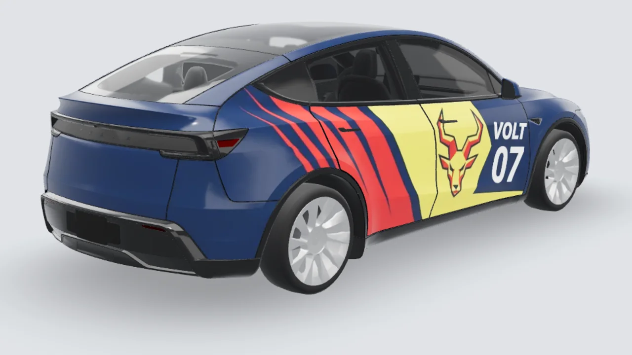 Racing livery 3D wrap example on Model Y Juniper