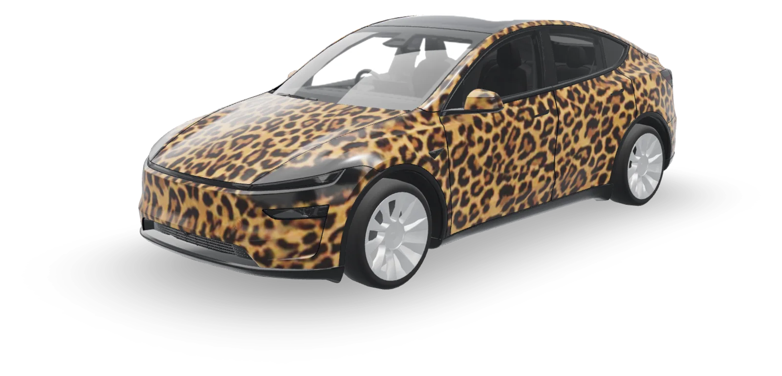 Tesla Model Y Juniper wearing an AI-generated leopard print wrap, rendered in the SkinMyCar 3D studio